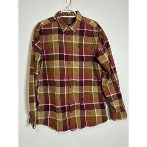 Eddie Bauer men's Tall flannel button-down shirt in a red, brown, and tan plaid
